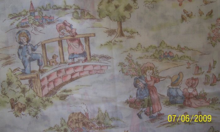 Holland Windmills Vintage Children Playing on Off White Background Cotton Fabric