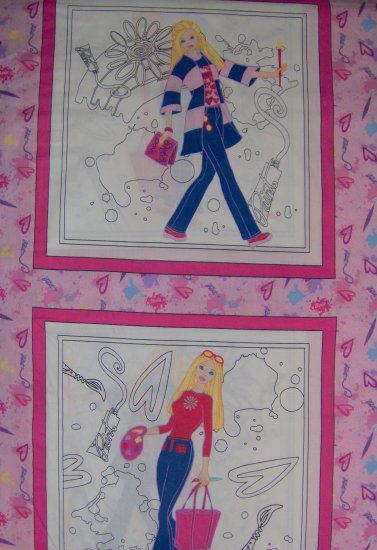 Barbie Mattel Color Me Barbie Pink Quilt Block or Pillow Fabric Panel