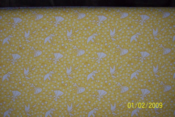Sunbonnet Sue Overall Bill Gardening Toss on Yellow RJR Fabric Per 1/2 Yard