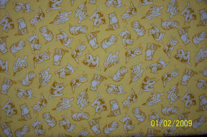 RJR Everything But the Kitchen Sink Cat Toss on Yellow 1930s Repro Quilt Fabric