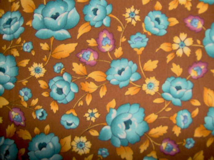 Little Quilts American Cottage by Peter Pan Teal Flowers on Brown Fabric Fat Quarter FQ