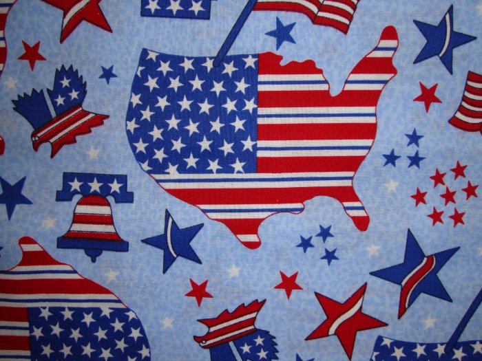 Americana Stars & Stripes Map Flag Bell on Blue Fabric by Oakhurst Textiles Fat Quarter FQ