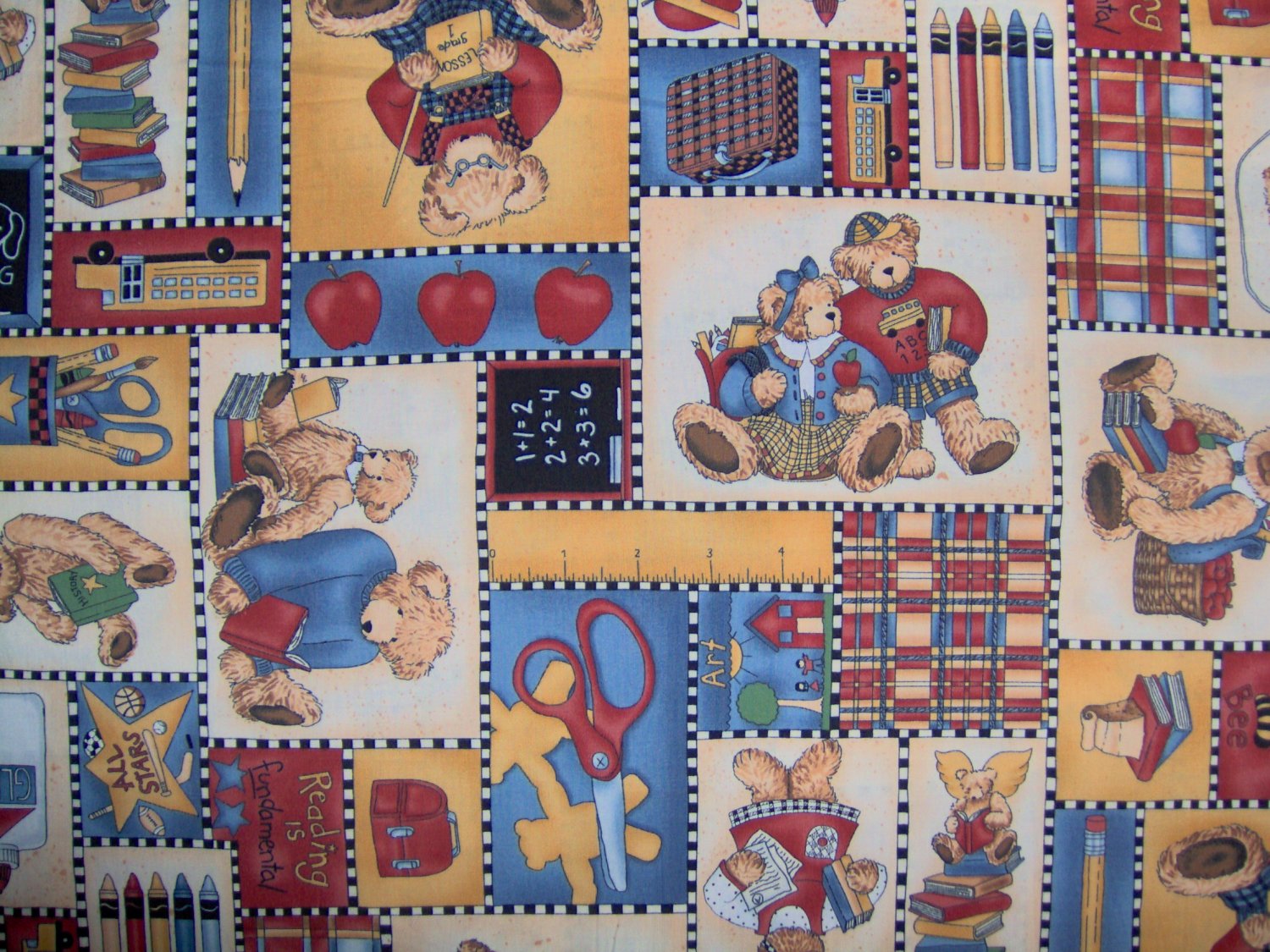 1 3/8+ Yard School Teddy Bear Blocks Patchwork Cotton Fabric Bolt End
