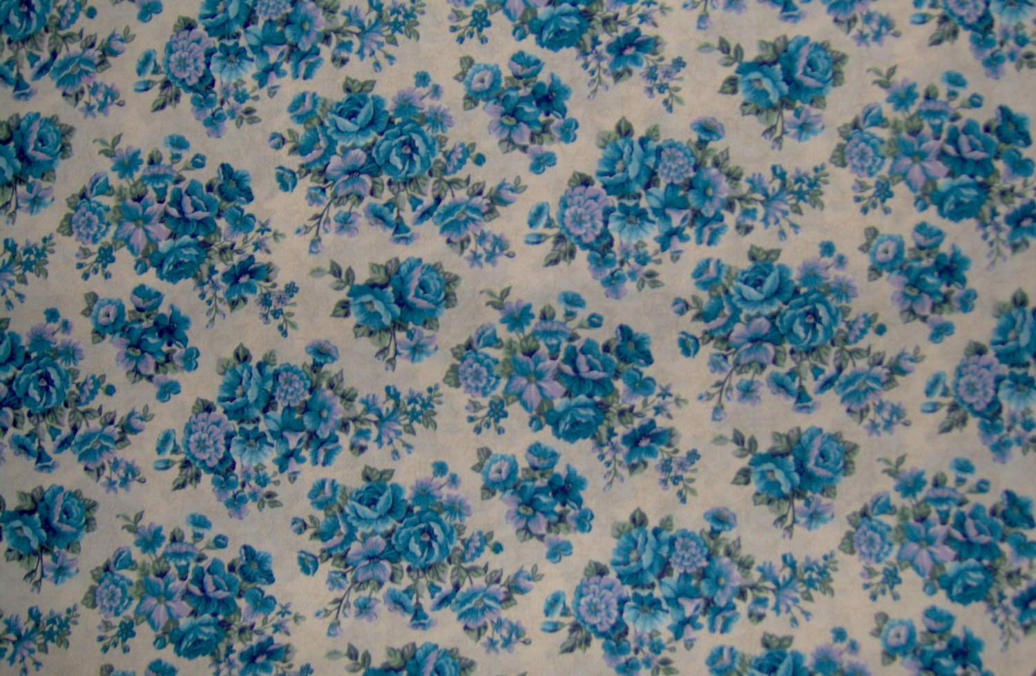 7/8+ Yard Blue & Lavender Flowers on Tan Toile Vines Cotton Fabric Cranston Print Works VIP Bolt End