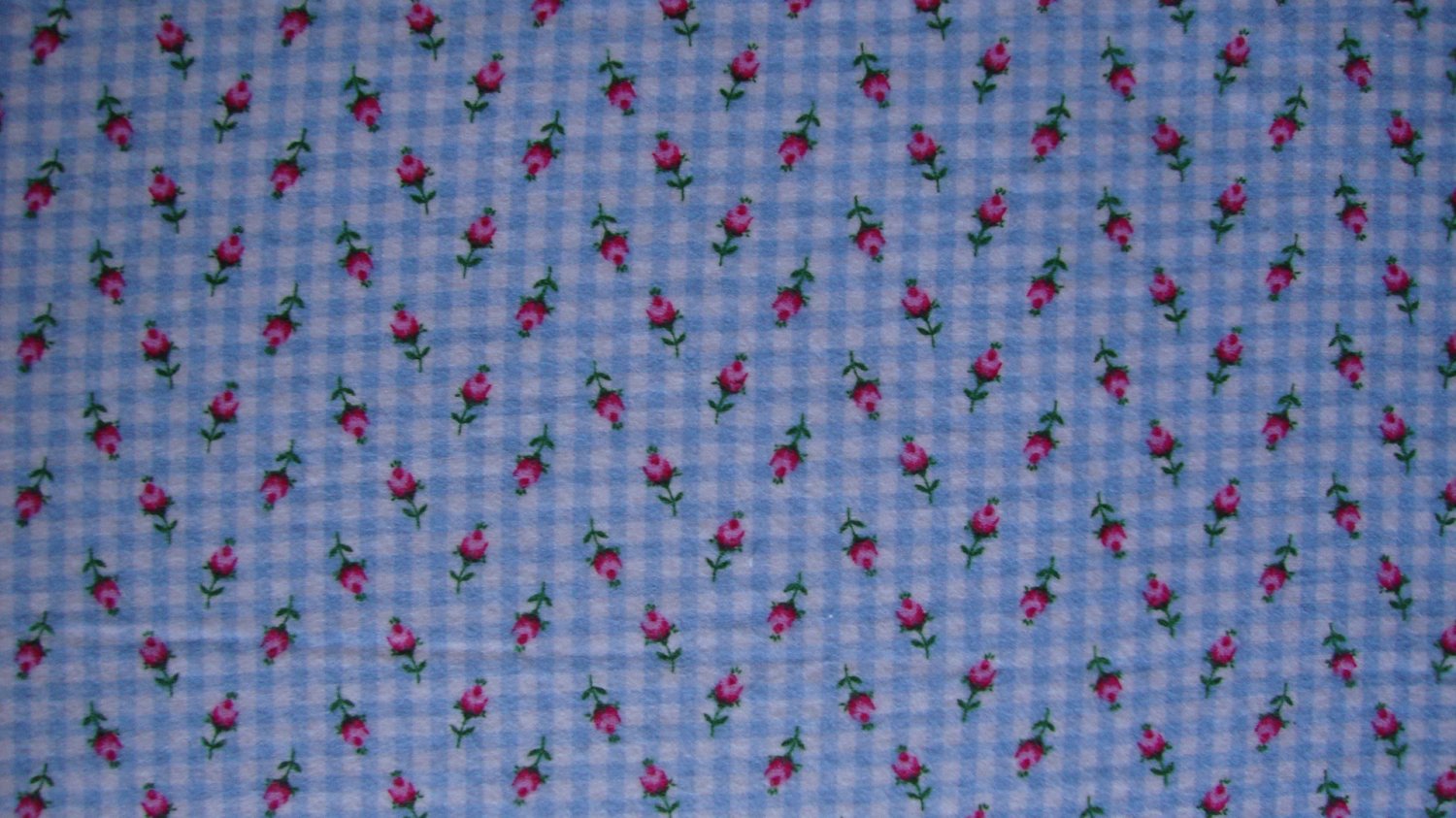 3/4+ Yard Red Roses on Baby Blue Gingham Cotton Flannel Fabric Bolt End