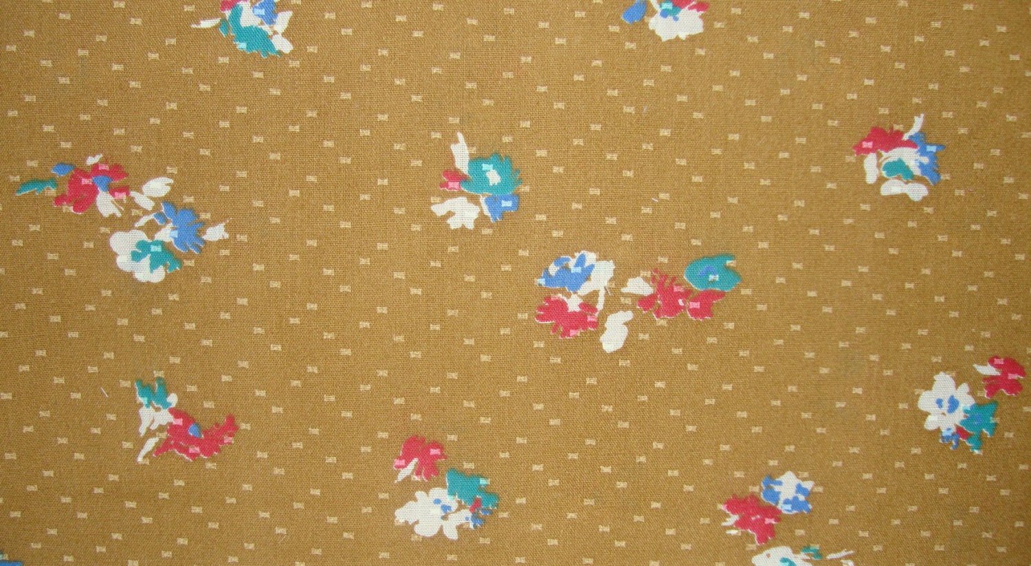 7/8 Yard Vintage Wellwood Fabric Red White Blue & Green Flowers on Brown Gold Bolt End
