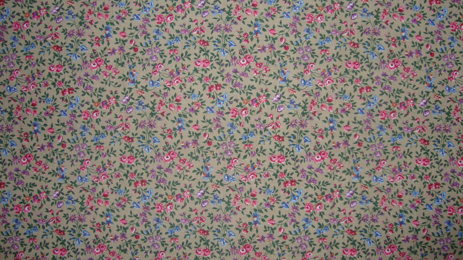 3/8 Yard Pink Blue & Purple Flower Calico on Tan Fabric Bolt End