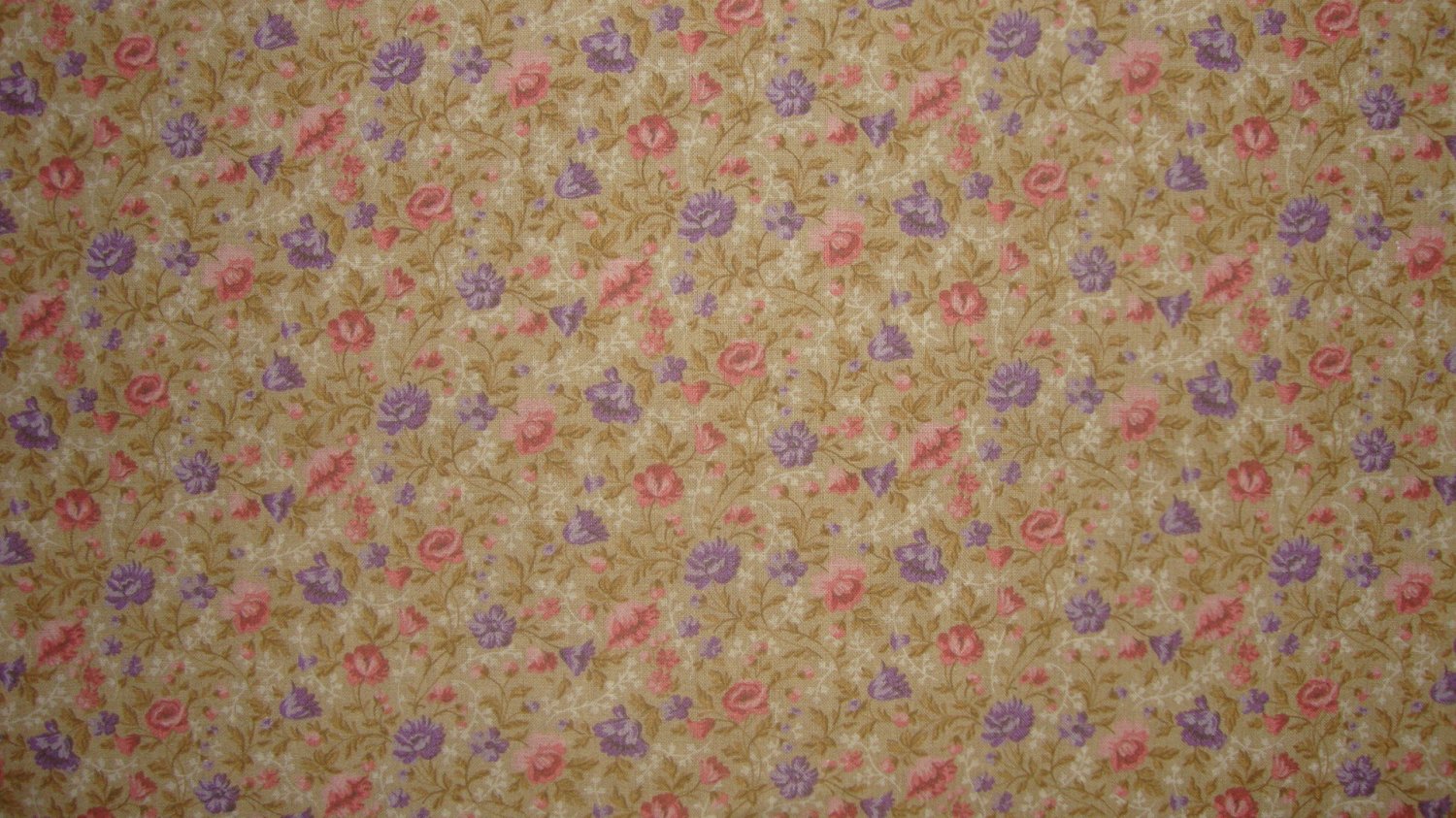 BTY Pink & Purple Flower Toss on Golden Tan Calico Fabric By the Yard