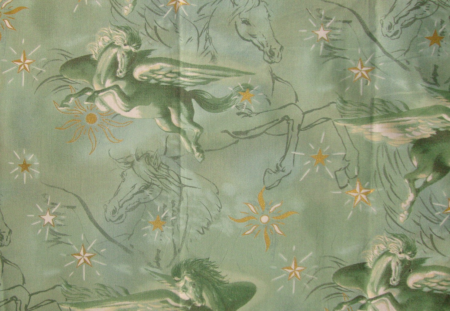 F8 Pegasus Gold Stars Green Toile Horses Mystical Fabric Visions Cotton Fat Eighth F8th