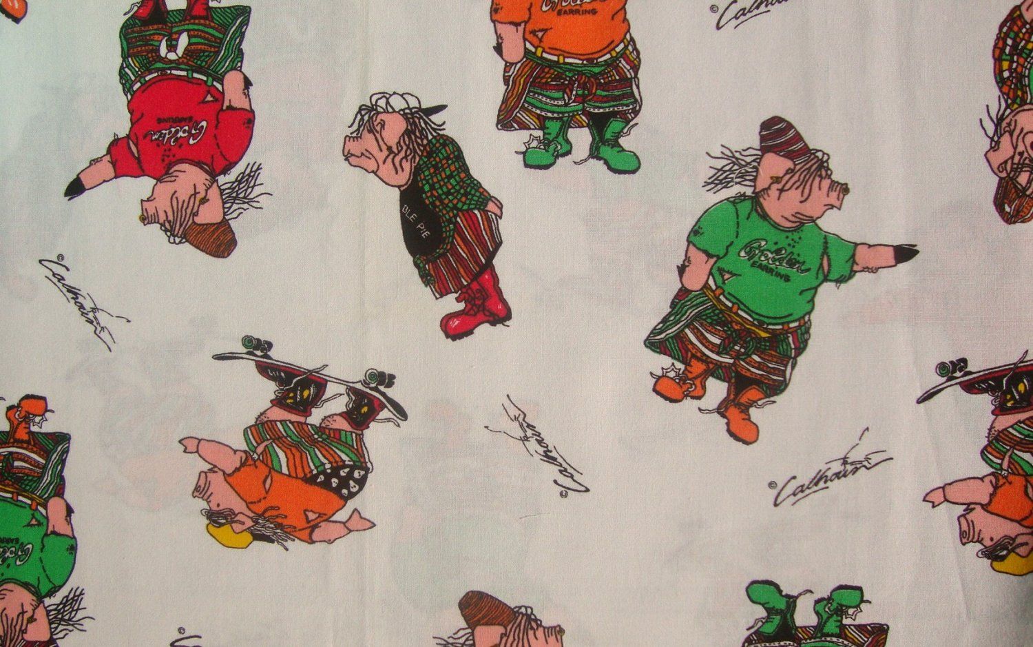 3/4 Yd 60" Vintage Catfish Calhoun Skateboard Rapping Pigs on White Marcus Bros Fabric Bolt End