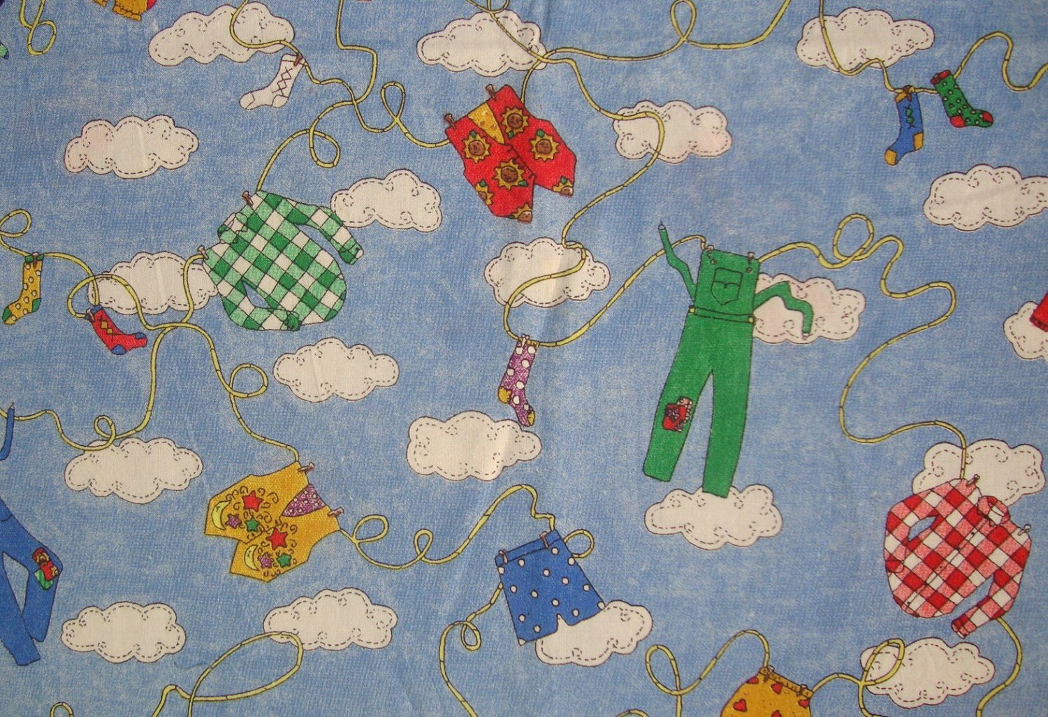 1 1/2 Yards Clothesline on Sky Blue with White Clouds Cotton Fabric Bolt End