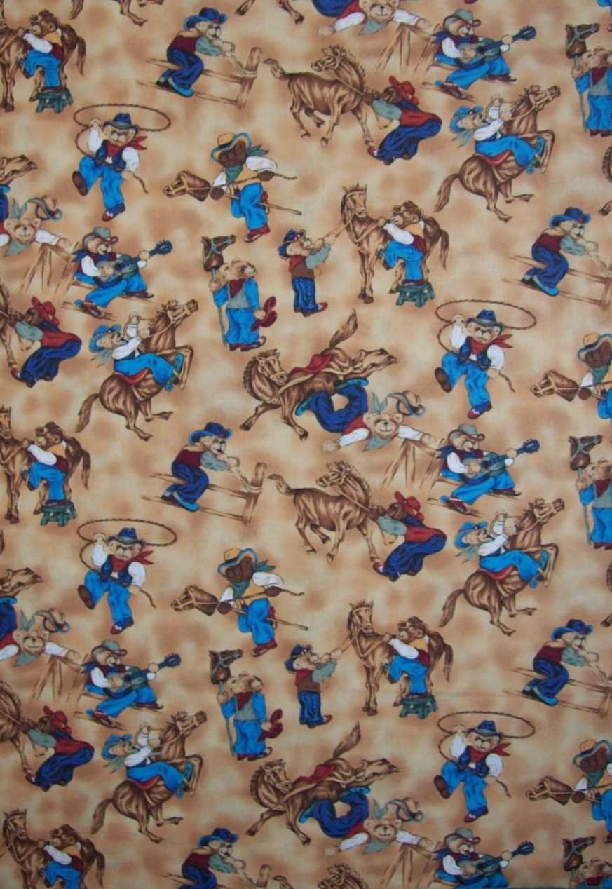 BTY Bears West Blue Cowboy Teddy Bear Playtime Scenes Cotton Kids Fabric By the Yard