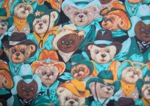 BTY Bears West Green Cowboy Teddy Bear Packed Allover Cotton Kids Fabric By the Yard