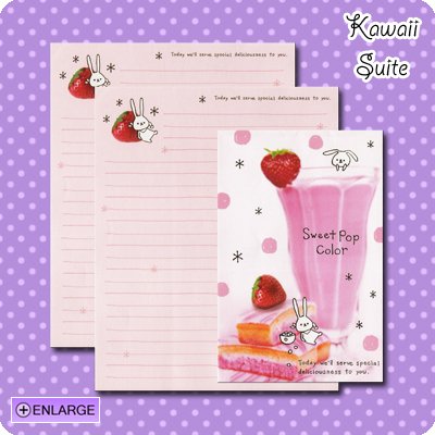 Sweet Pop Color *Strawberry Milkshake* Letter Set by Kamio Japan - Strawberries, cake, bunny, kawaii