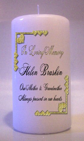 MEMORIAL Gold Hearts 6 inch Pillar Candles Custom Personalized