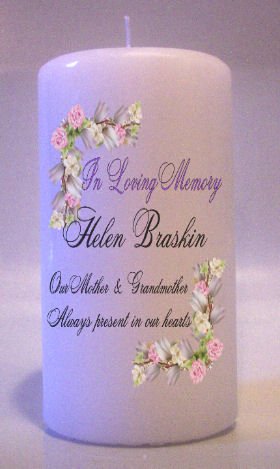 MEMORIAL Pink Roses 6 inch Pillar Candles Custom Personalized