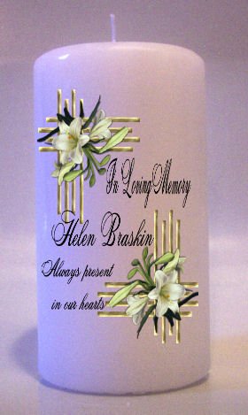 MEMORIAL White Lillies 6 inch Pillar Candles Custom Personalized