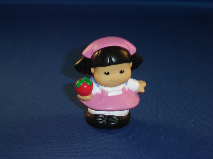 Fisher Price Little People Girl Sonya First Day of School W/ Pink Dress Blue Back Pack & Apple
