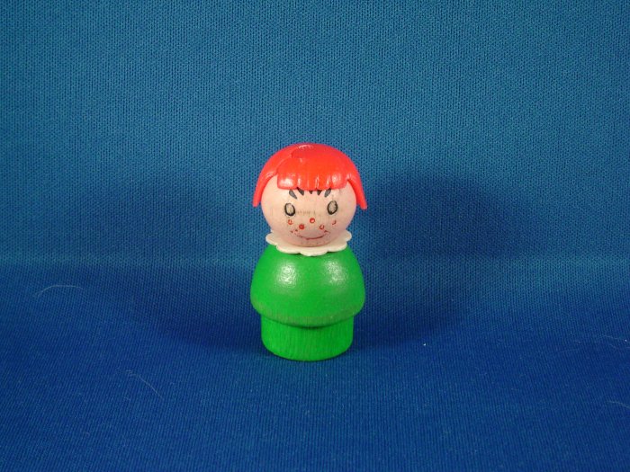 Vintage Fisher Price Little All Wood Girl W/ Green Body Orange Hair & Freckles FP LP