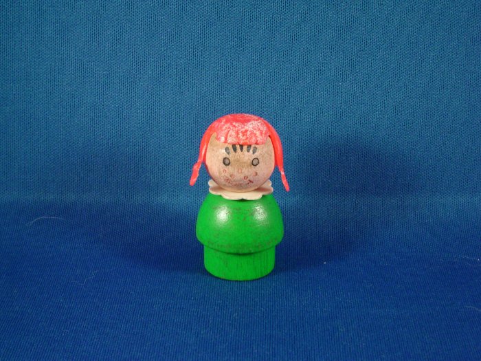 Vintage Fisher Price Little People All Wood Green Girl W/ Orange Hair Braids & Freckles FP LP
