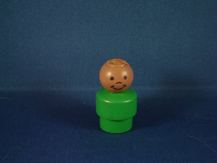 Vintage Fisher Price AA African American Wood Little People Boy W/ Green Body Missing Cowboy Hat