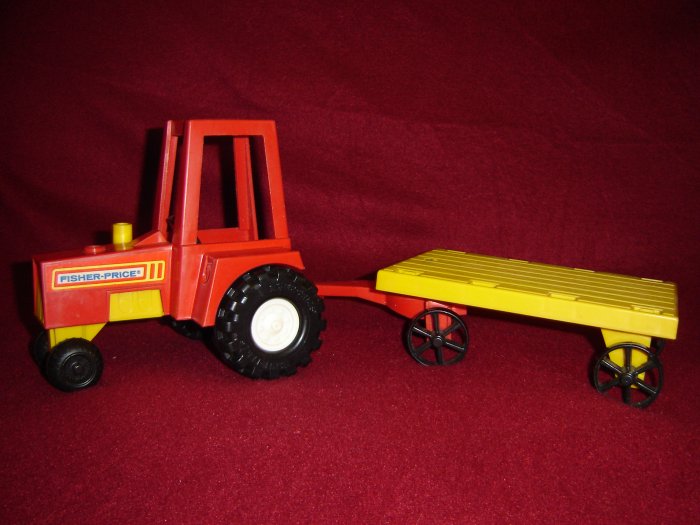 Vintage 1980 Fisher Price Husky Farm Set With Red Tractor and Yellow Wagon Trailer Model 331