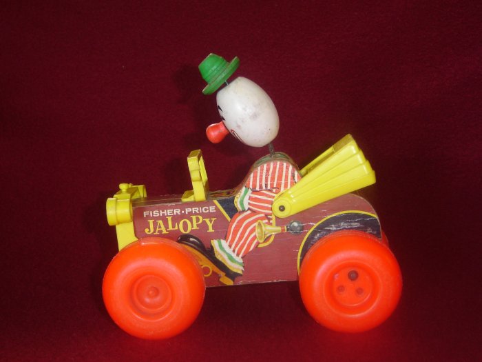 Vintage Fisher Price 724 Jolly Jalopy Wooden Pull Toy With Bobblehead Clown