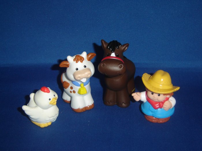 4 Pc Set Fisher Price Little People Horse Cow Chicken Farmer For Barn or Farm Newer FP LP
