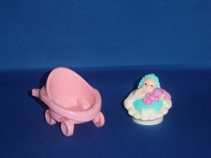 Fisher Price Little People Baby in White Basket W Pink Stroller Newer FP LP