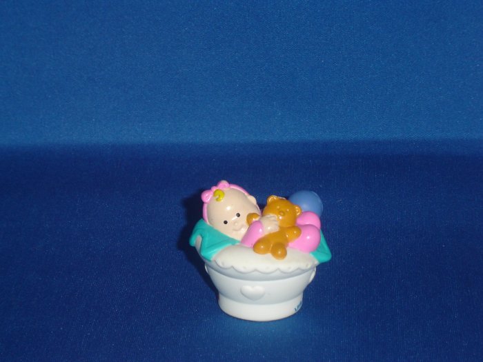 2001 Fisher Price Little People Baby in White Basket W Teddy Bear Newer FP LP