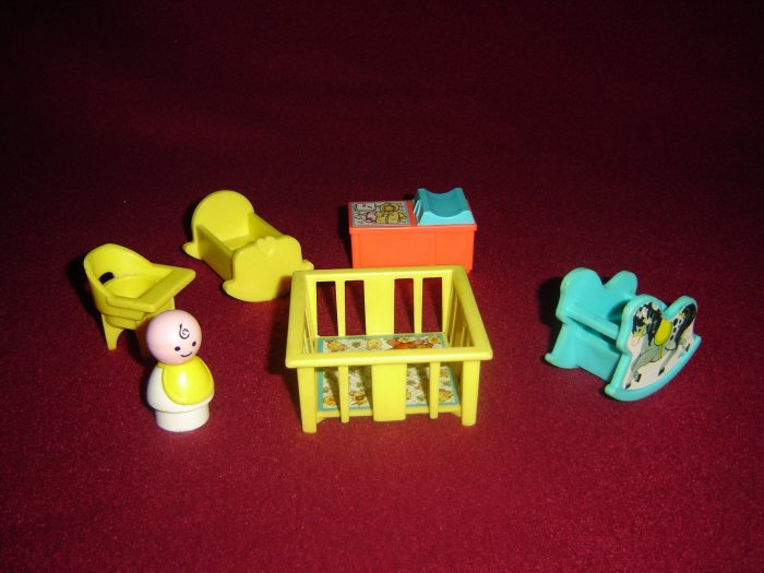 Vintage 1972 Fisher Price Little People Nursery 761 With Baby Crib Rocking Horse Cradle High Chair