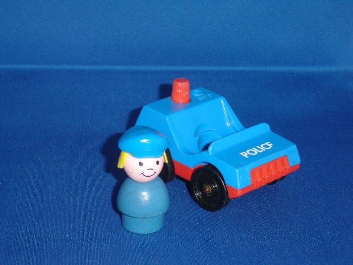 Vintage Fisher Price Little People Play Family Village Police Car and Police Girl 997 From 1973