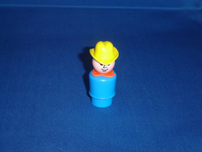 Vintage Fisher Price Little People Play Family Farm Cowboy Farmer Dad Blue with Yellow Hat
