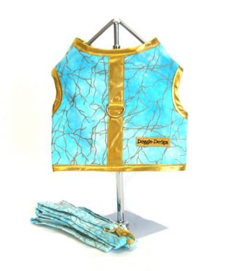 Aqua Blue and Metallic Gold Vein Harness w/Leash - Black Dog Harness Medium