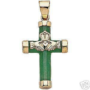 14K Gold Green Jade Claddagh Cross