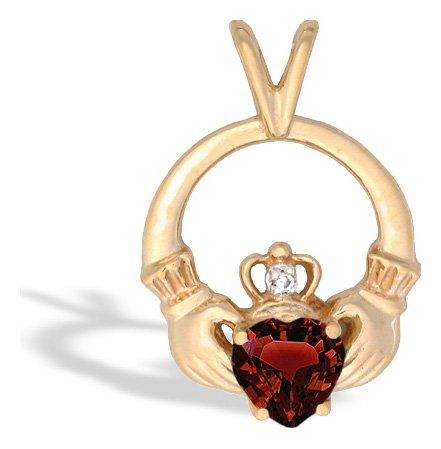 14K White or Yellow Gold Garnet Claddagh Pendant