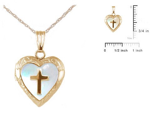Child's 14K Gold Mother of Pearl Cross Heart Locket w/Chain