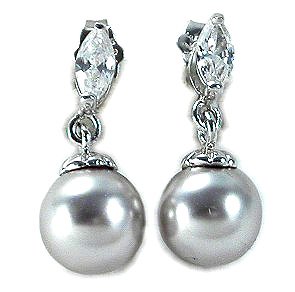 Sterling Silver Simulated Pearl & Marquise CZ Earrings