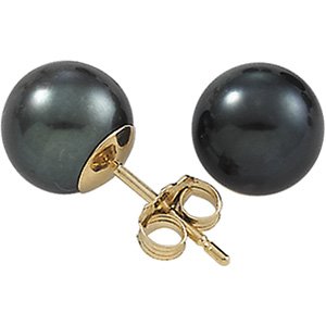 14K Yellow Gold Genuine Black Cultured Pearl Stud Earrings