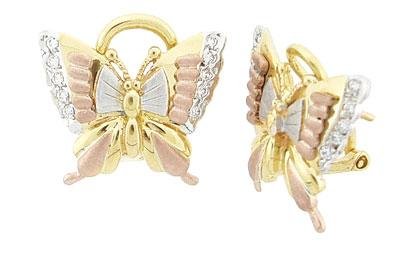 14K Tri Color Gold Butterfly Earrings