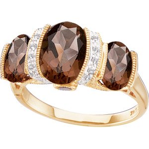14K Gold Genuine Smoky Quartz & Diamond Ring