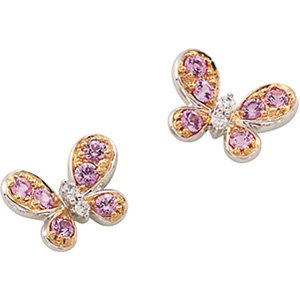 14K White Gold Genuine Pink Sapphire & Diamond Butterfly Earrings