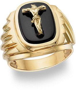 14K Gold Mens Onyx Crucifix Ring