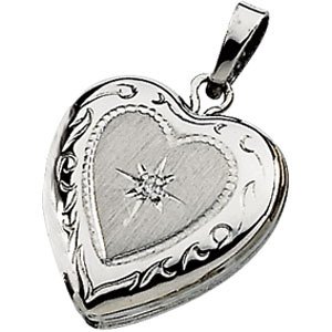 14K White Gold Genuine Diamond Heart Locket