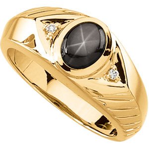 14K Gold Mens Black Star Sapphire & Diamond Ring