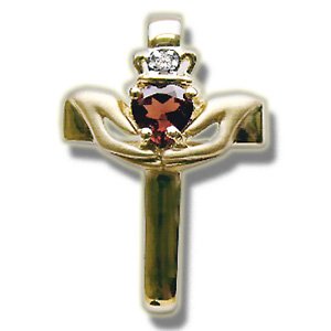 14K Gold Heart Garnet Claddagh Cross