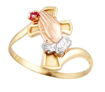 14K Tri Color Gold Praying Hand & Cross CZ Ring