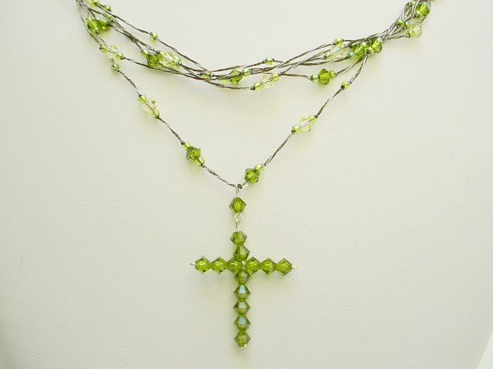Green Swarovski Crystal + Japanses Silk Crucifix Pendant and Necklace