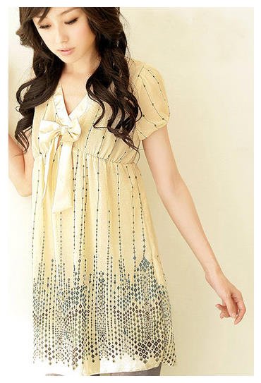 T12089 New Korean Style Beige Color Printed Long Top With Ribbon