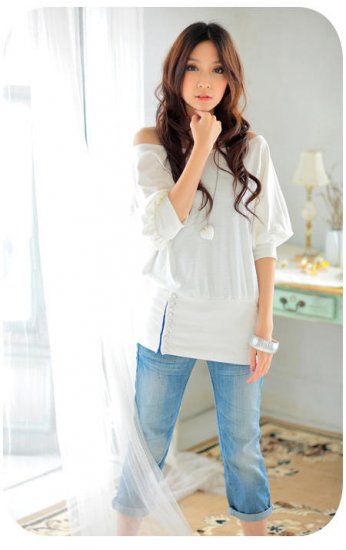 New White Color Korea Style Sexy Shoulder Top With Cute Button (Petite)